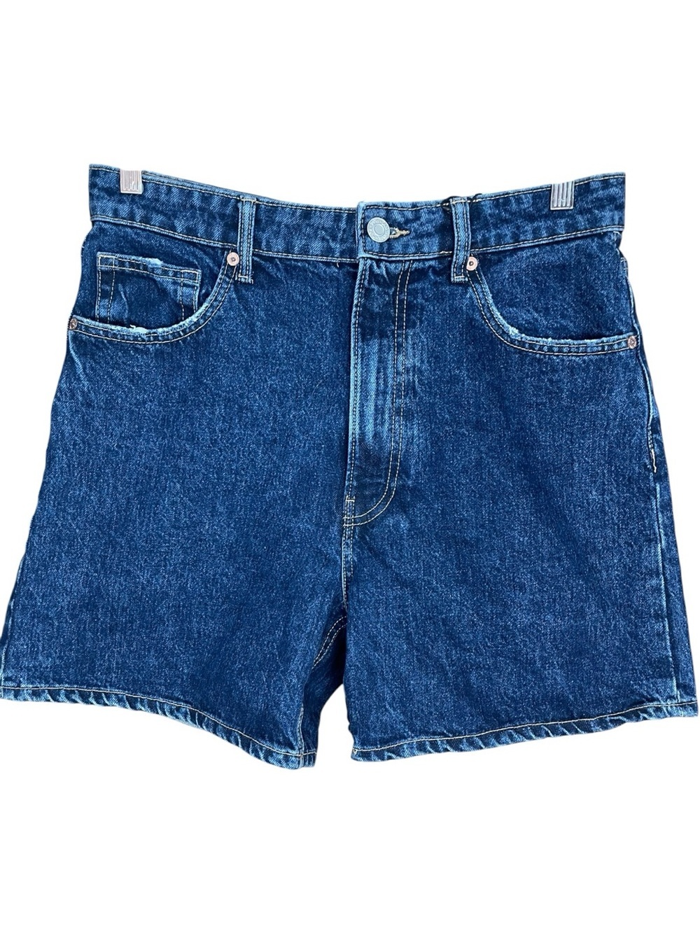Zara Mom Fit High Rise Bermuda Jean Denim Shorts Dark Blue